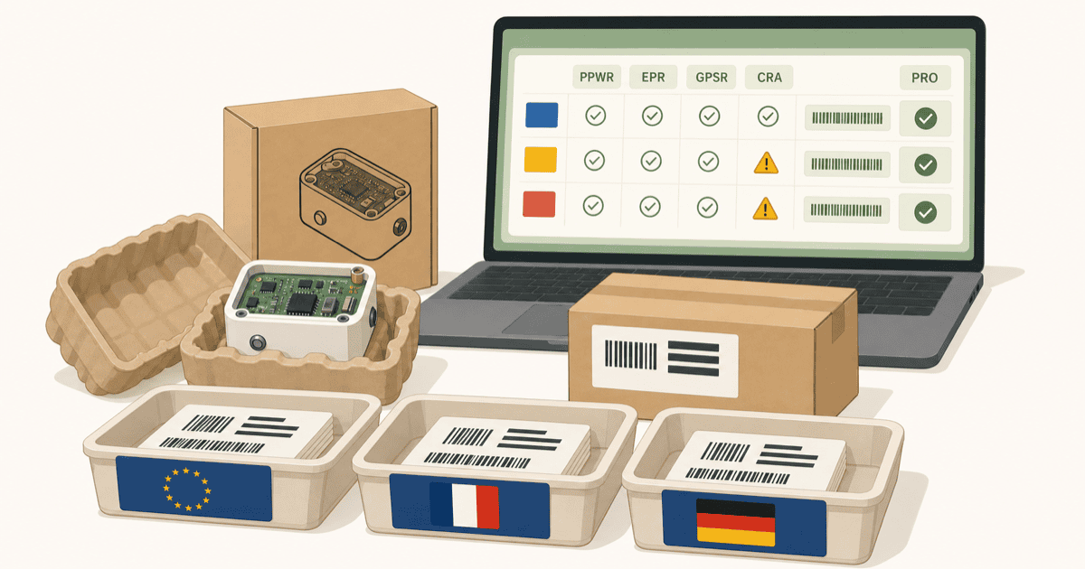 EU包装規則PPWR対応をイメージしたAI生成イラスト。梱包作業台で小型ハードウェア製品の発送準備を行いながら、オンライン販売に向けた国別登録番号の照合と管理を進める様子を描いた概念図。