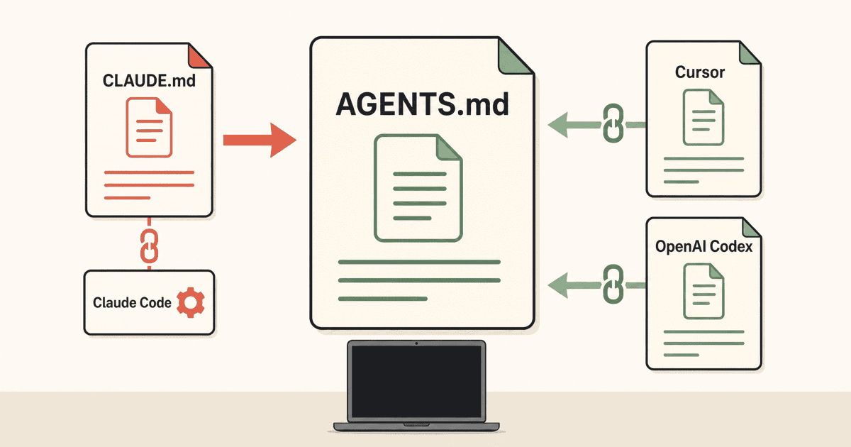 共通指示書AGENTS.mdと各AIツール専用設定ファイルの連携・仕様差を、開発者デスク上の配置で整理して表現した概念イメージイラスト