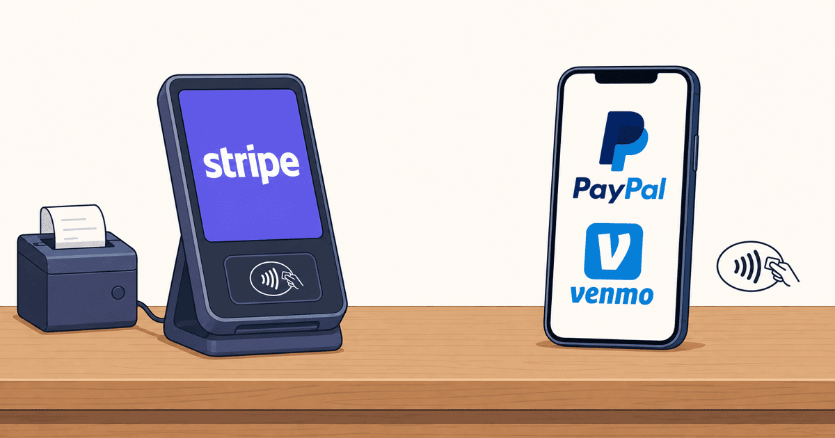 StripeとPayPalのロゴが入った決済端末とスマートフォンが並び、買収協議の打ち切りと両社の独立路線の継続を表現したイメージイラスト
