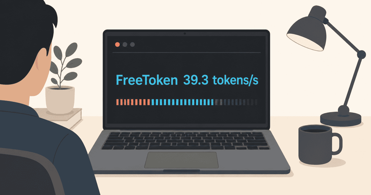 ノートPC上でFreeTokenによるMoE推論の高速実行を見守る開発者の様子を描いた、記事アイキャッチ用のAI生成イメージイラスト