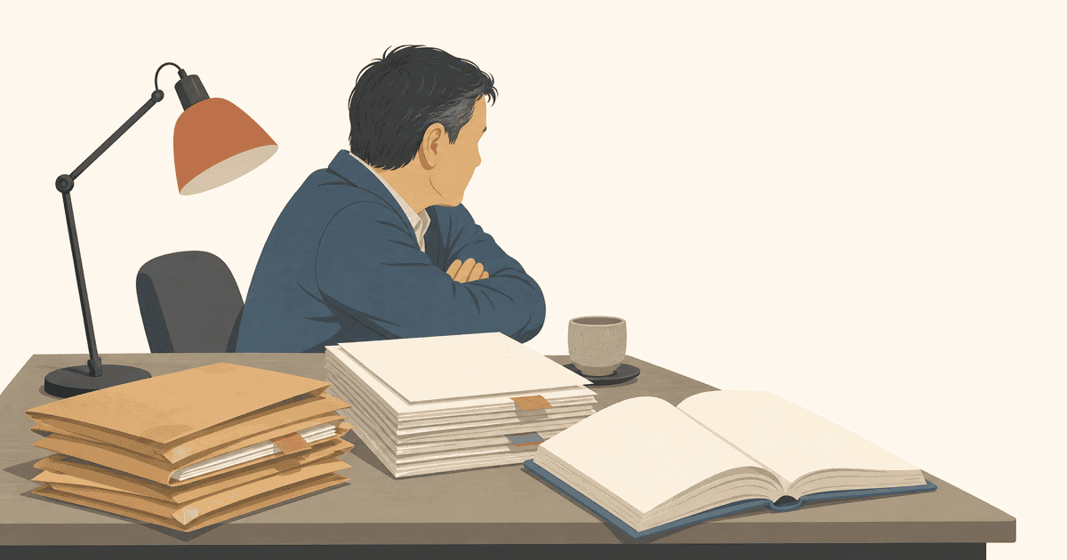 書類や研修テキストが積まれた机で考え込む中高年会社員を描いた、就職氷河期・Gen X世代が抱える労働課題（キャリア格差・役職定年・介護・AI適応）を表現したイメージイラスト