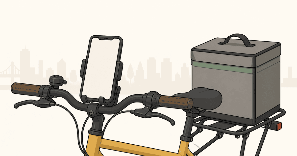 AI生成によるイメージイラスト。配達用自転車のハンドルに装着されたスマートフォンと荷台の配達バッグが描かれ、DoorDashのリアルタイムAIモデレーション基盤「SafeChat」による安全対策を象徴している。