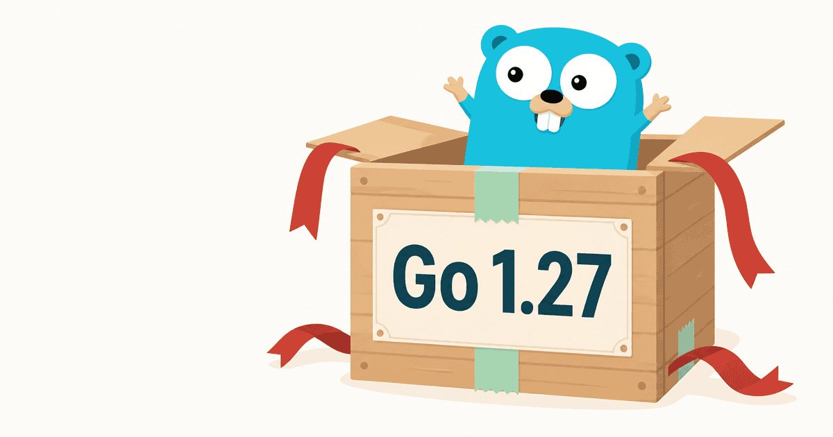 Go 1.27のリリースをイメージしたAI生成イラスト。バージョン表記のある箱からキャラクターのGopherが顔を覗かせている様子。