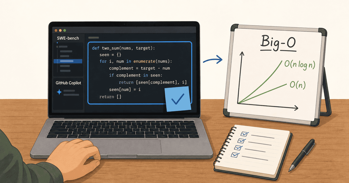 AIが生成したコードの計算量や妥当性をホワイトボード上で検証・評価する開発者の様子を描いた、アルゴリズム理解と大学教育の重要性を象徴するイメージイラスト