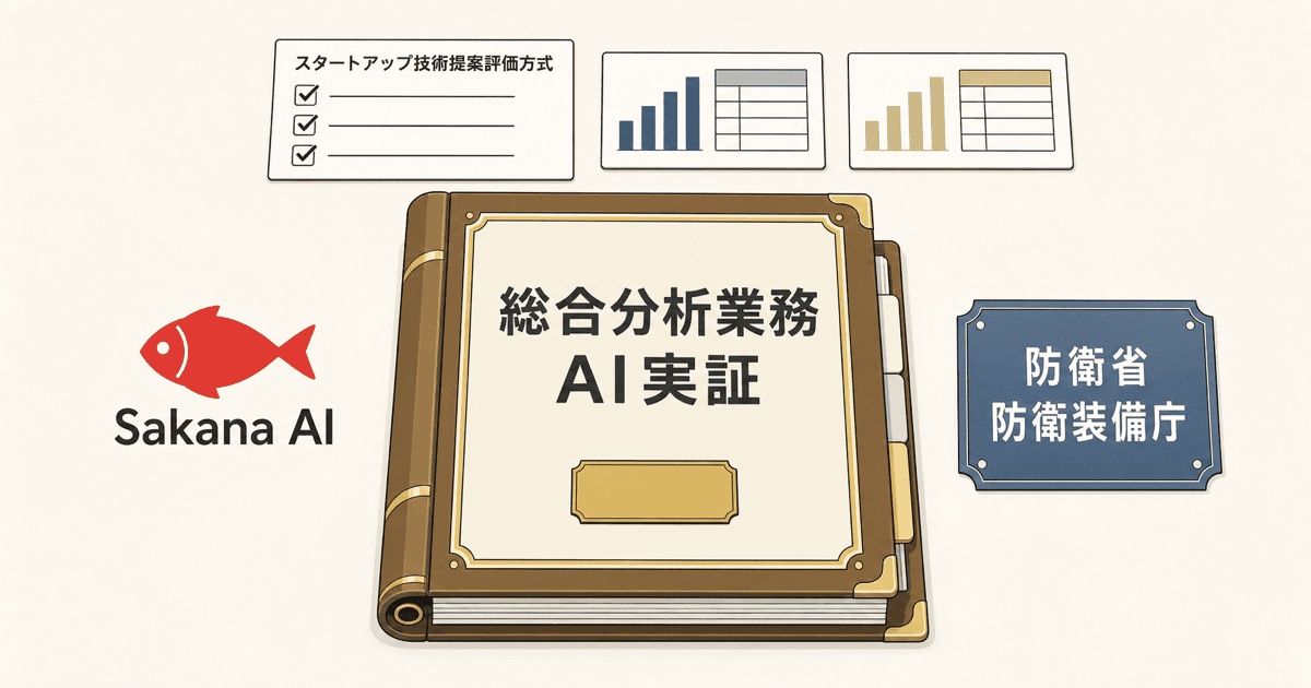 防衛省とSakana AIの調査・実証契約書や公開情報のAI分析検証を表現した、情報分析支援AIの取り組みを示す生成AIによるイメージイラスト