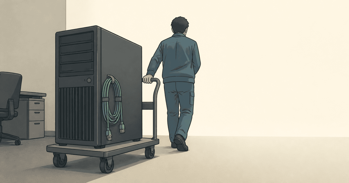 自前メールサーバーの半減とクラウド集約を象徴するイメージイラスト。役目を終えた小型サーバーのケーブルを抜き、台車で運び出すシステム管理者の様子を描いたAI生成画像。