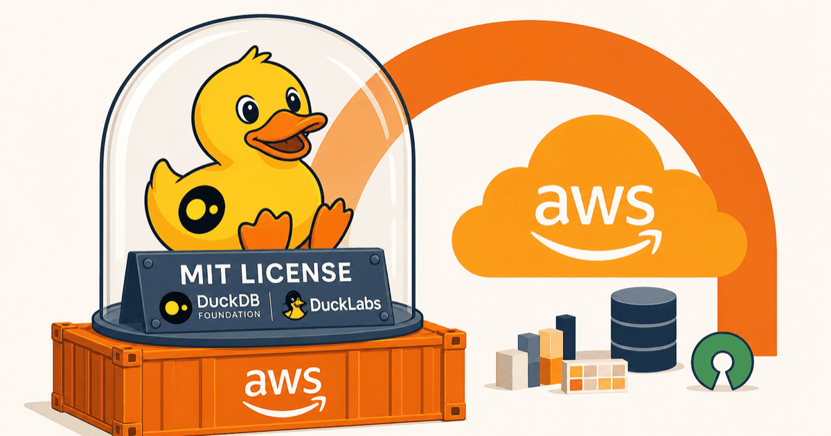 AWSのクラウドを背景に、MITライセンスとDuckDB Foundationに保護されたDuckDBのアヒルが佇む、買収とOSS維持の構図を表したAI生成のイメージイラスト