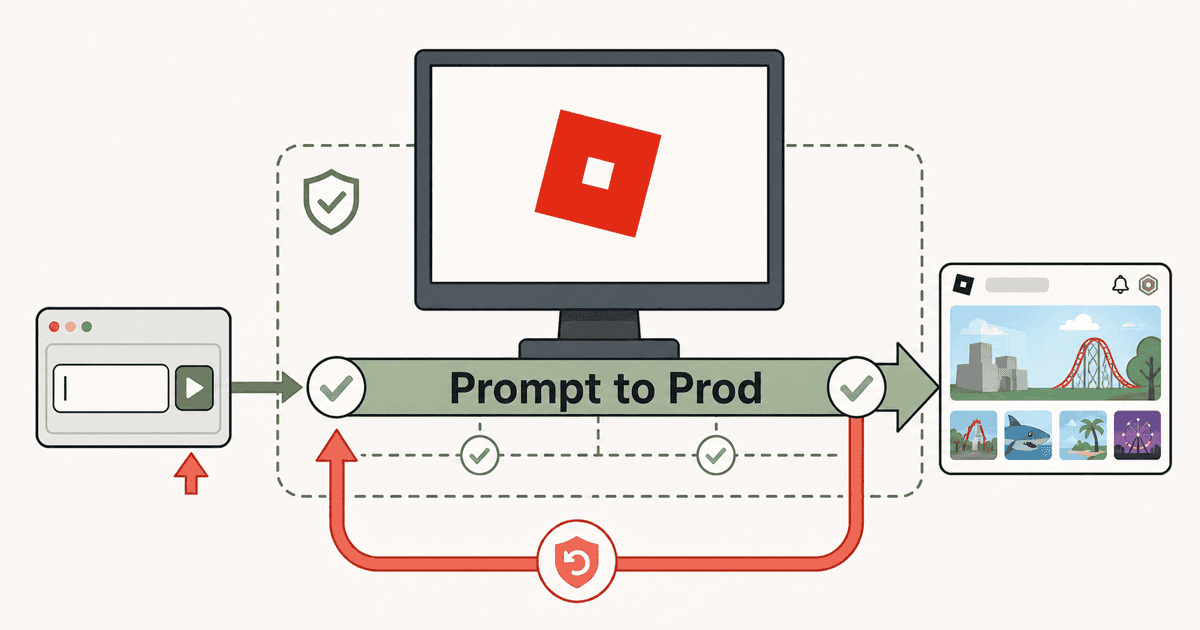 RobloxのPrompt to Prod構想におけるプロンプト入力から安全な無人デプロイ、自動ロールバックまでの自律型開発フローを表現したAI生成の概念イメージ図
