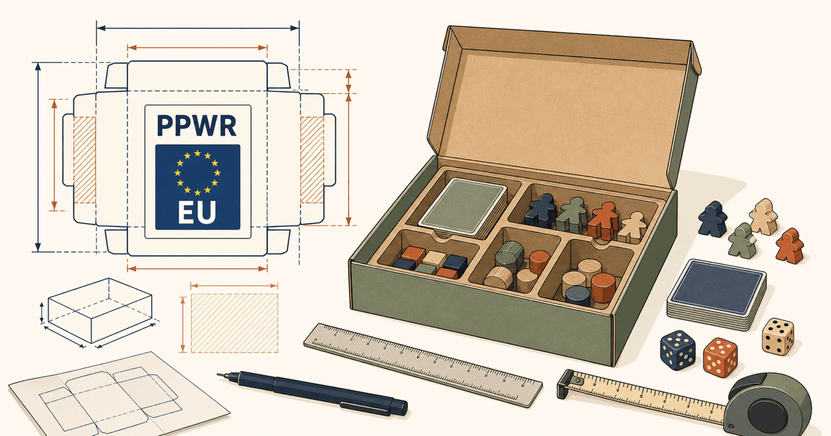 EUの包装規則PPWR対応を象徴するイメージイラスト。ボードゲームの箱やコンポーネントと共に、包装最小化や設計見直しを示す図面・定規が置かれた作業台が描かれている。