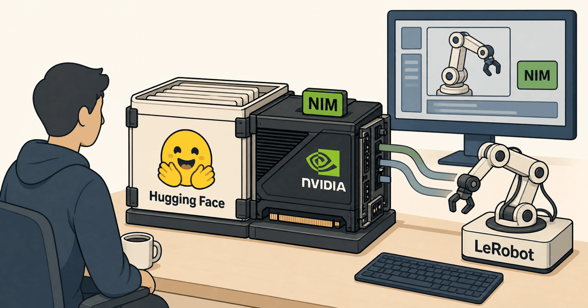 NVIDIAによるHugging Face買収報道を象徴するイメージ図。デスク上でNVIDIAのGPUとHugging Faceのオープンモデル群が融合する開発環境を描いたAI生成イラスト。