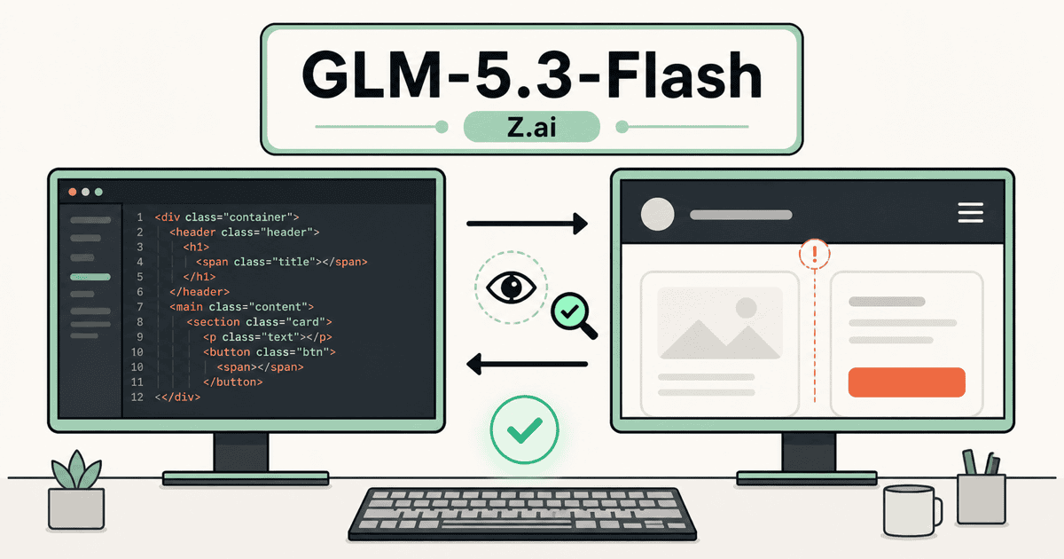 GLM-5.3-Flashがコード生成とUIレンダリング結果の画面検証を高速に反復する様子を表現した、AI生成による概念イラスト
