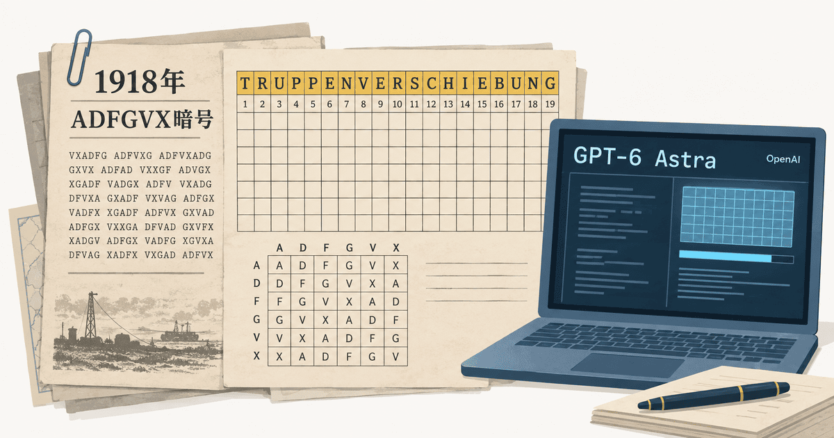 GPT-6 Astraの画面と第一次世界大戦のADFGVX暗号シート、既知の鍵語が机上に並び、AIと史料照合による暗号復号ワークフローを表現したAI生成のイメージイラスト。
