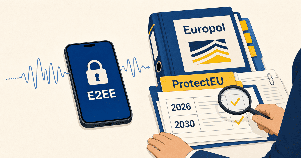 EUの合法的暗号アクセス政策とProtectEUの技術評価ロードマップ検証を表現した、Europolデスクと暗号化通信端末のAI生成イメージイラスト