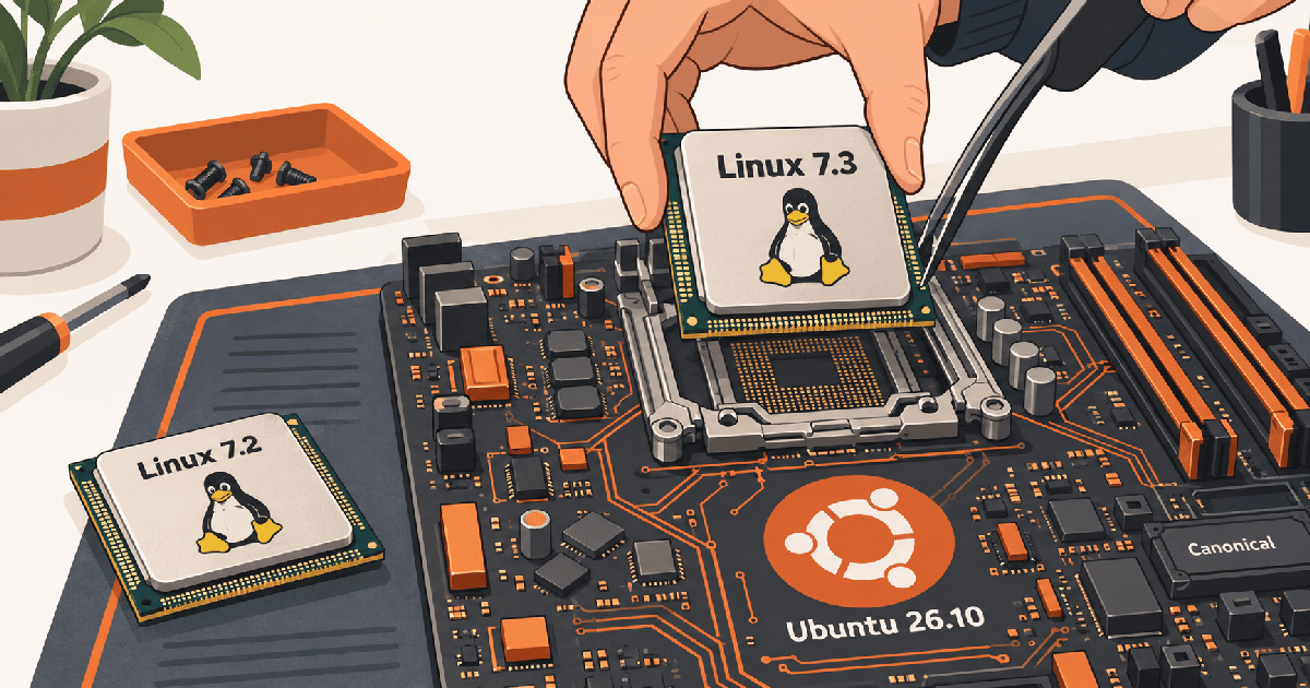 Ubuntu 26.10基板上でLinux 7.2からLinux 7.3チップへと換装する手元を描き、目標カーネルの引き上げを表現したAI生成イラストによる概念イメージ図