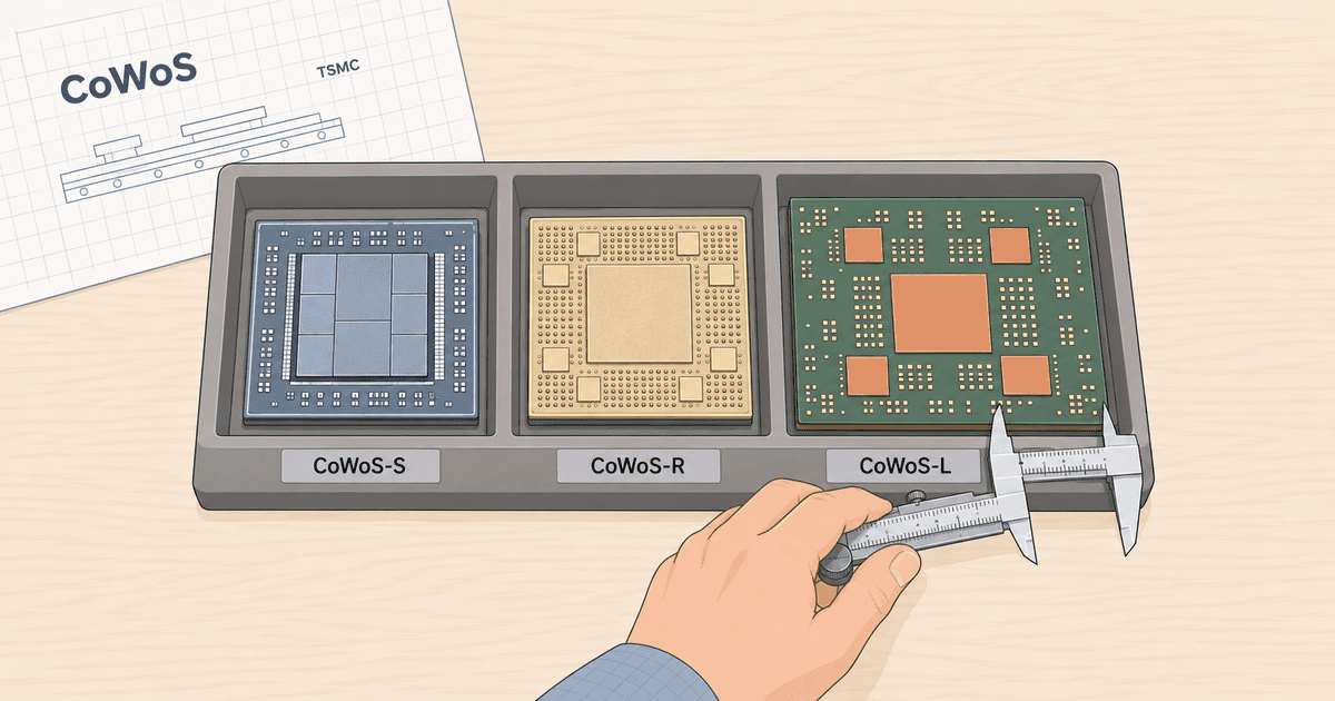 AI生成による概念イラスト。CoWoSのS・R・L各方式の基板サンプルを前に、設計者がノギスを手に構造やサイズの違い、配線密度などの選定論点を比較検討している様子を描いたイメージ。