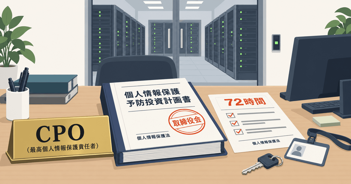 韓国の個人情報保護法改正と予防投資の仕組みを象徴するAI生成のイメージイラスト。サーバー室を背景に、CPOのネームプレートと取締役会承認の予防投資計画書が置かれた執務デスクを描いた概念図。