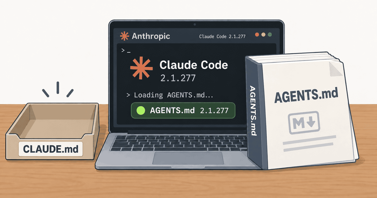 Claude Code端末において、CLAUDE.md不在時に代替としてAGENTS.mdがフォールバック読み込みされる様子を表現した、AI生成の概念イメージイラスト。
