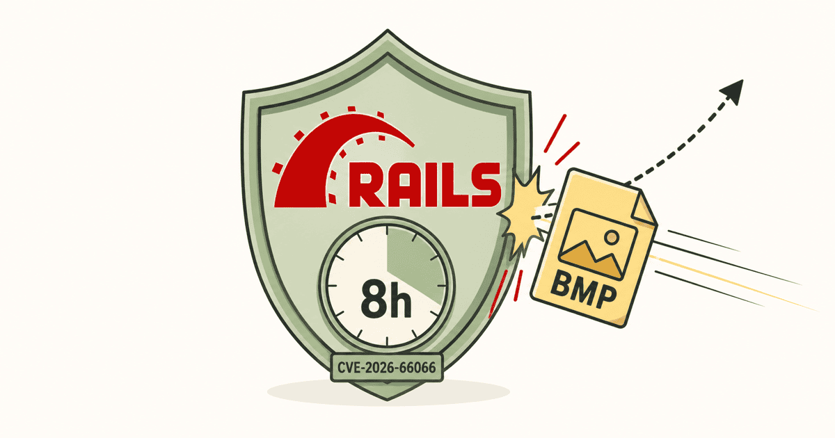 Ruby on Railsの脆弱性パッチ適用により、不正画像による攻撃が8時間のタイマー付きシールドで遮断されている様子を表現したAI生成の概念イメージ。