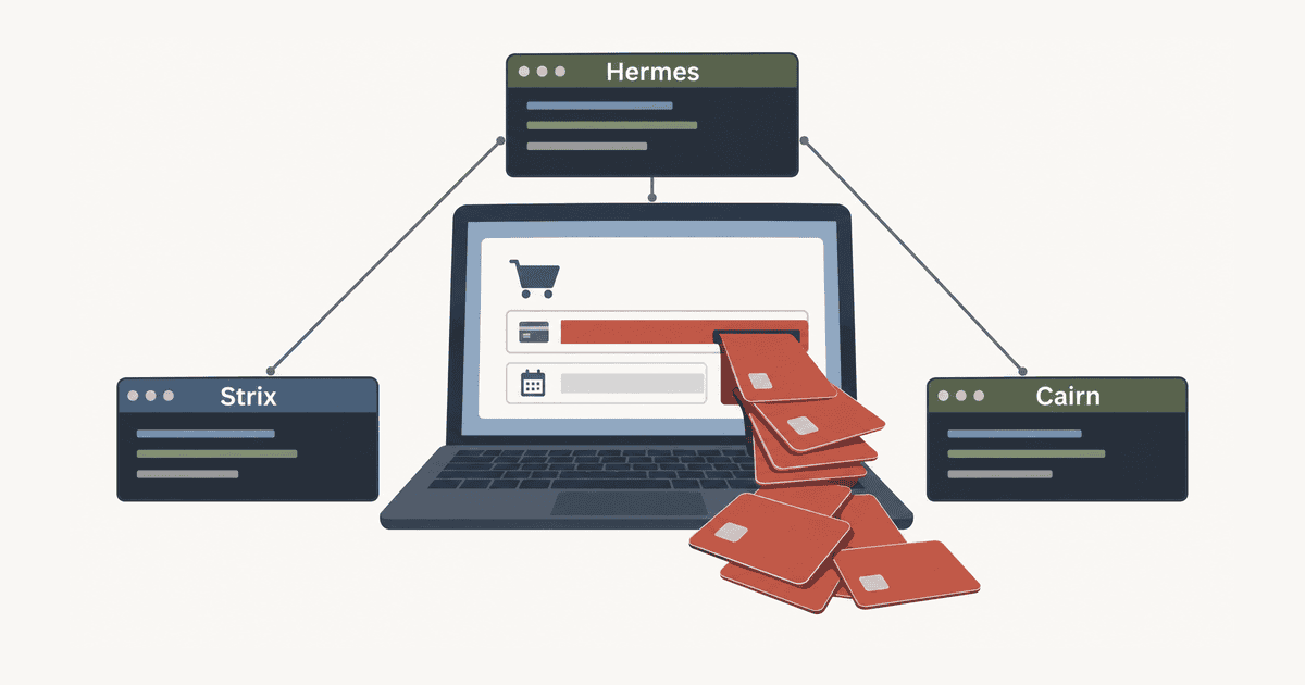 3つのAIエージェント「Hermes」「Strix」「Cairn」が連携して通販サイトの決済画面からクレジットカード情報を窃取する攻撃を描いた概念イメージイラスト。