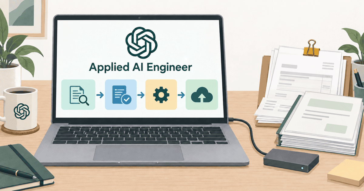 OpenAIのロゴ入りノートPCと業務書類が並び、Applied AI EngineerによるAIエージェントの業務統合作業風景を表現した概念イメージイラスト。