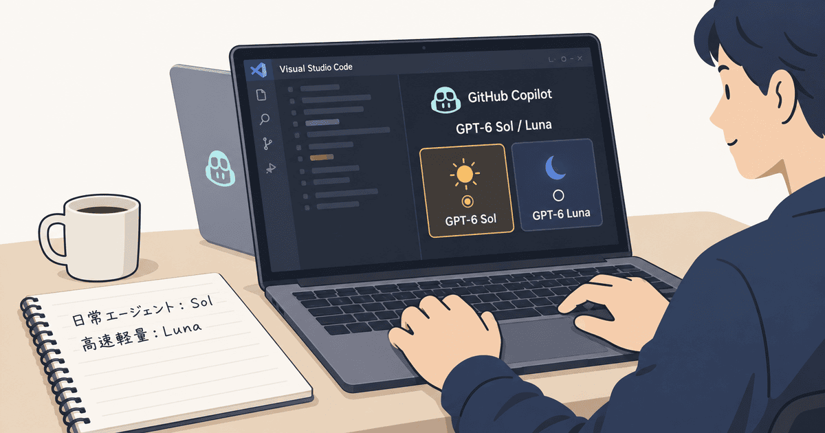 タスクに応じてGitHub CopilotでGPT-6 SolとGPT-6 Lunaを切り替えながら開発するエンジニアを描いた、新モデル使い分けのイメージイラスト