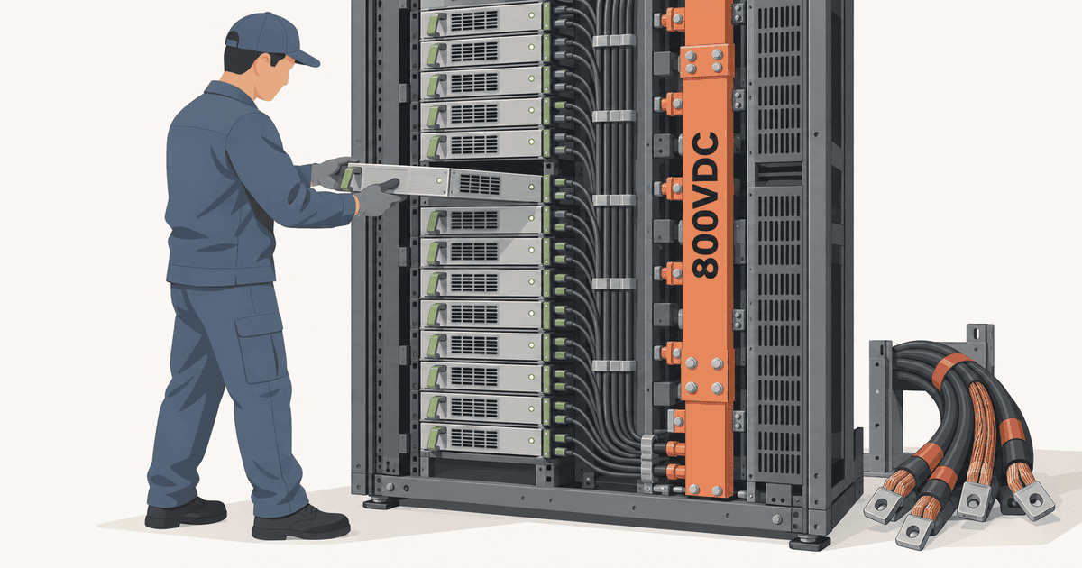 1MW級AIサーバーラックの背面で、作業員が800VDC配電バスバーに薄型GaN電源ユニットを装填する様子を描いた概念イラスト。大電力AI環境における800V直流給電への移行とGaN電源の導入を表現したイメージ。
