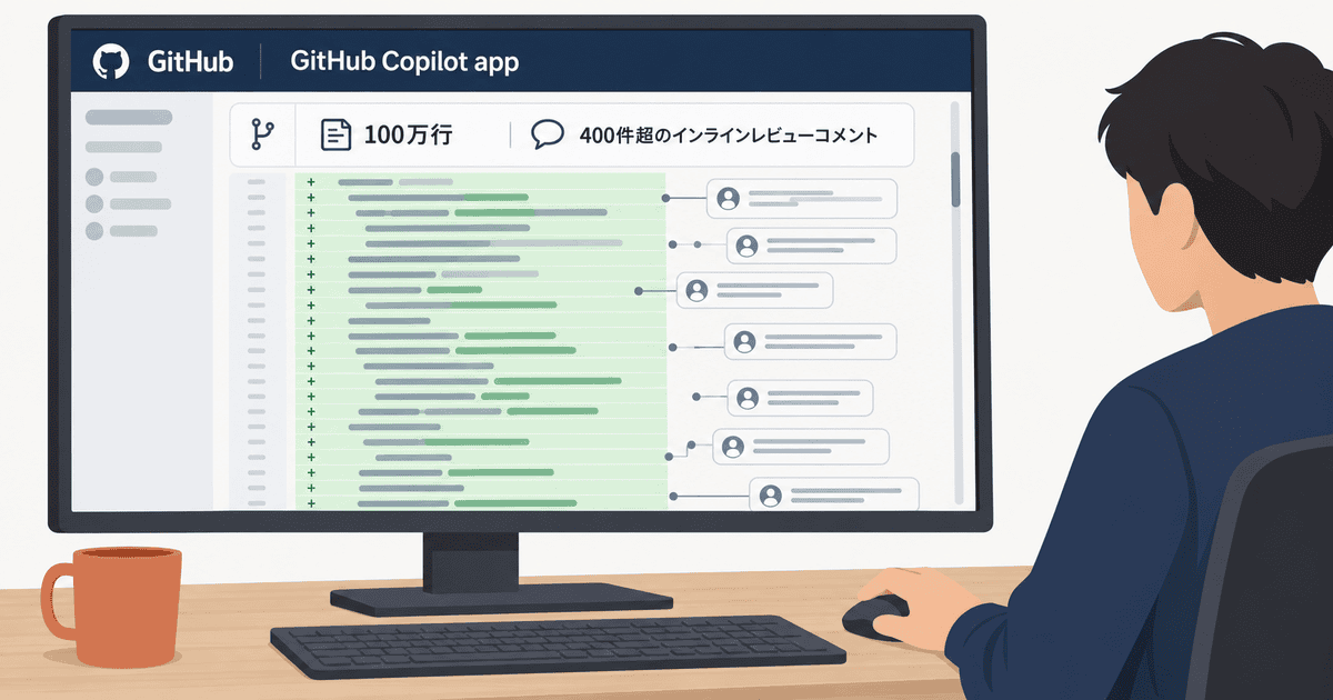 AI生成による概念図:WebエンジニアがGitHub Copilotアプリを使い、100万行を超える超巨大プルリクエストを画面跳びなく滑らかにレビューしている様子を描いたイメージイラスト。