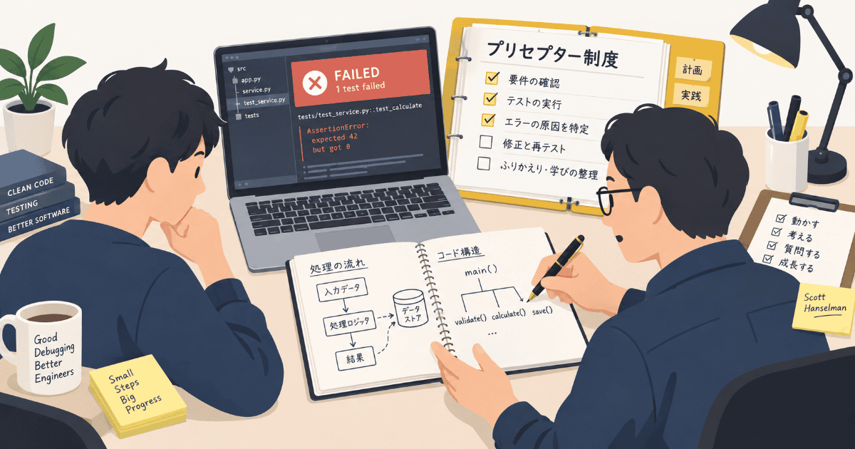 PCのデバッグ画面と検証チェックシートを前に、指導者が若手エンジニアへコード構造を解説するプリセプター制度の様子を描いたAI生成のイメージイラスト。AI時代における検証力育成の取り組みを表現している。