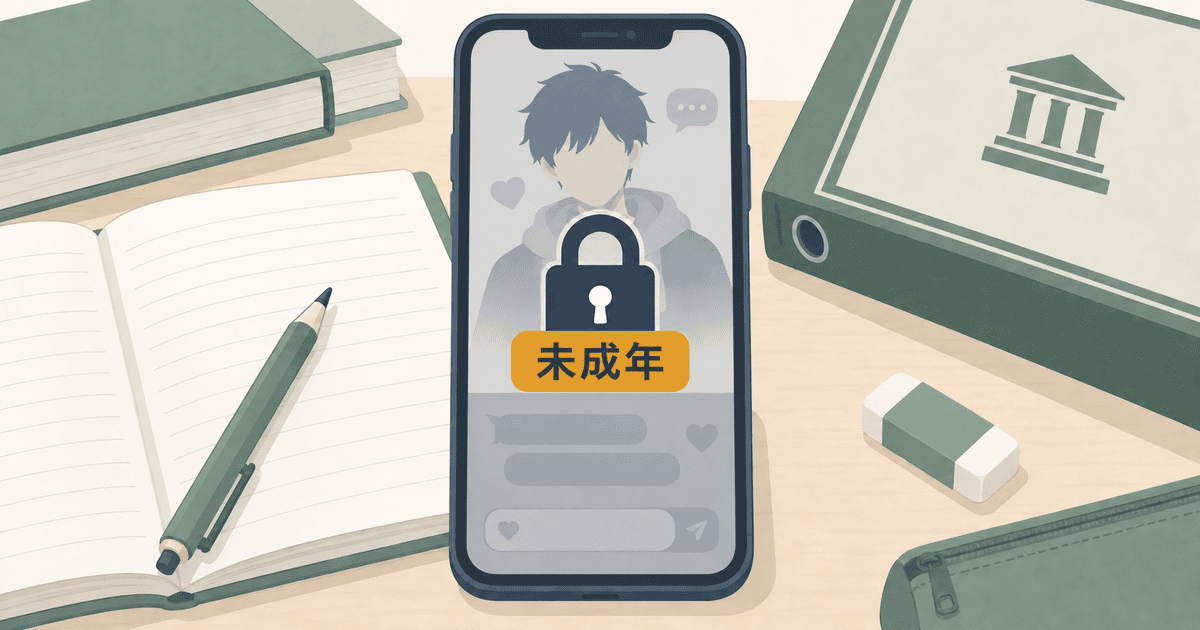 中国の新規制により、未成年者向けの「AI彼氏」など仮想恋人機能がスマートフォンの画面上で利用制限・ロックされている様子を描いたAI生成のイメージイラスト。