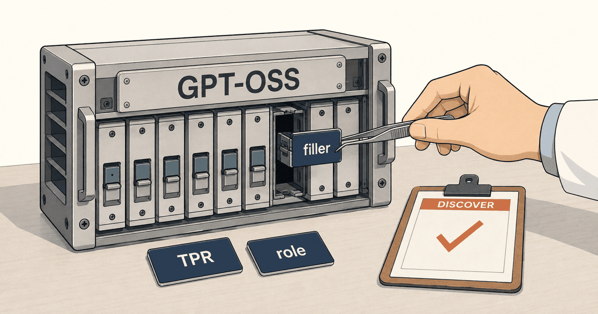 LLMの内部で自発的に生じる記号構造（TPR）への因果介入を表現した概念イラスト。研究者がモデル内部のカセットを開き、値と役割のラベル札をピンセットで差し替える様子を描いたイメージ図。