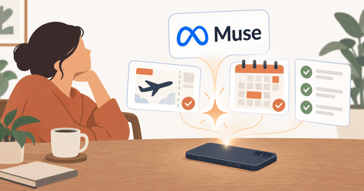ユーザーが休んでいる間に、Metaの自律型AI「Muse」が旅行予約や日程調整を一括代行する様子を描いた概念イメージイラスト。