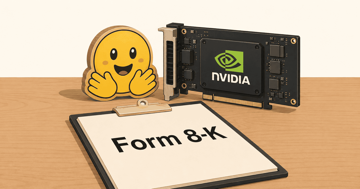 NVIDIAによるHugging Face買収合意を表現したイメージイラスト。木製デスクの上にHugging Faceのマスコット、NVIDIAの半導体基板、Form 8-K買収合意書類が並ぶ様子を描いたAI生成の概念図。