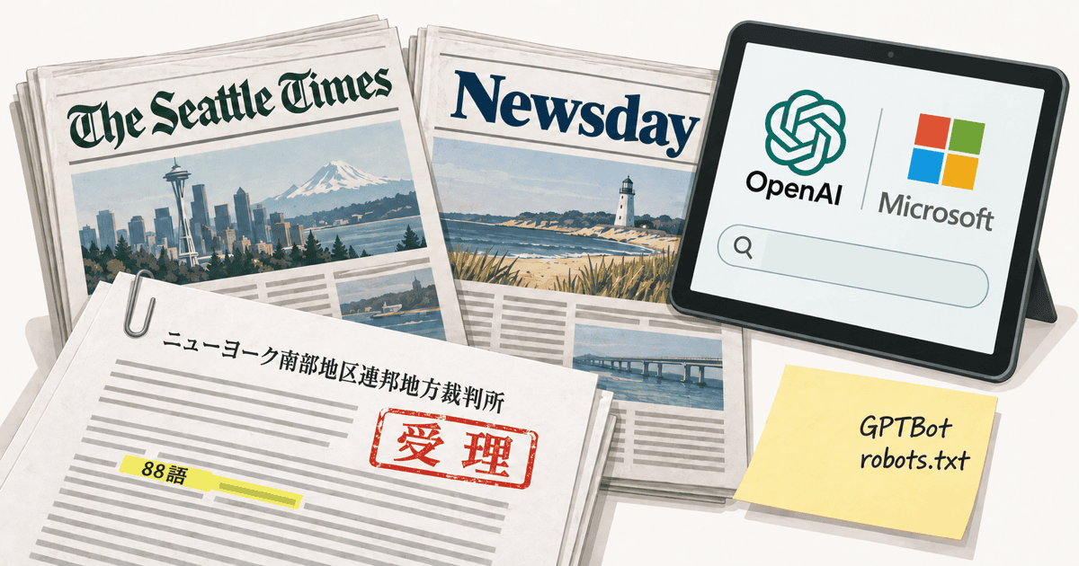 米地方紙2社がOpenAIとMicrosoftを著作権侵害で提訴した構図を表すイメージ。Seattle TimesとNewsdayの紙面の上に両社ロゴと連邦地裁の訴状が並ぶ様子を描いたAI生成イラスト。