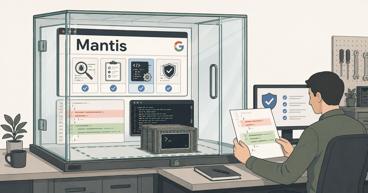 AI生成による概念イメージ。Googleの自律型防御ハーネス「Mantis」が、脆弱性の発見からトリアージ、サンドボックスでの再現検証、パッチ適用に至る4工程の自動化パイプラインを処理する様子を描いたイラスト。