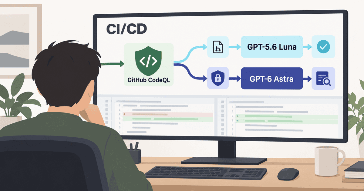 CodeQLの静的解析と連携し、低コストなGPT-5.6 Lunaと高精度96%のGPT-6 Astraへレビューを振り分けるCI/CD操作画面を描いた、リスク別モデル使い分けのAI生成概念イラスト。