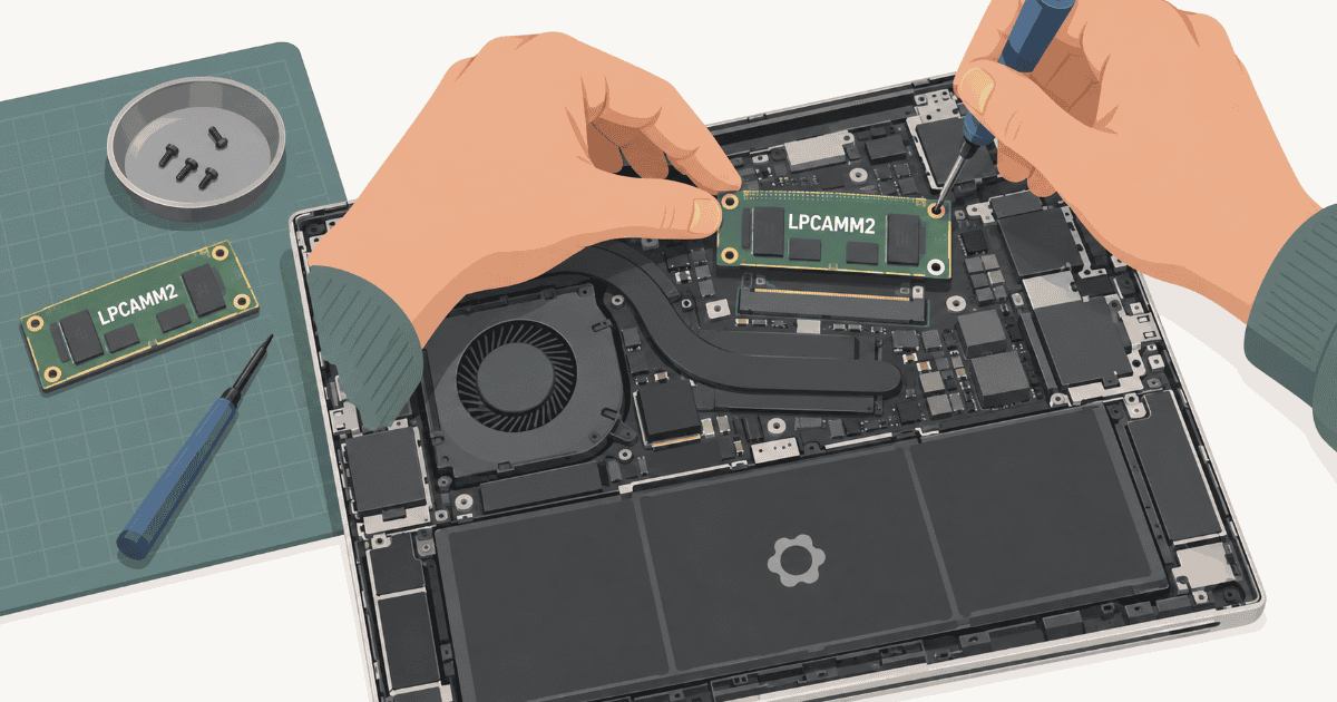 Framework製ノートPCの内部に交換可能な新規格メモリLPCAMM2を装着する様子を描いた、AI生成のイメージイラスト。メモリ調達難に伴う端末設計のモジュール化を表現。