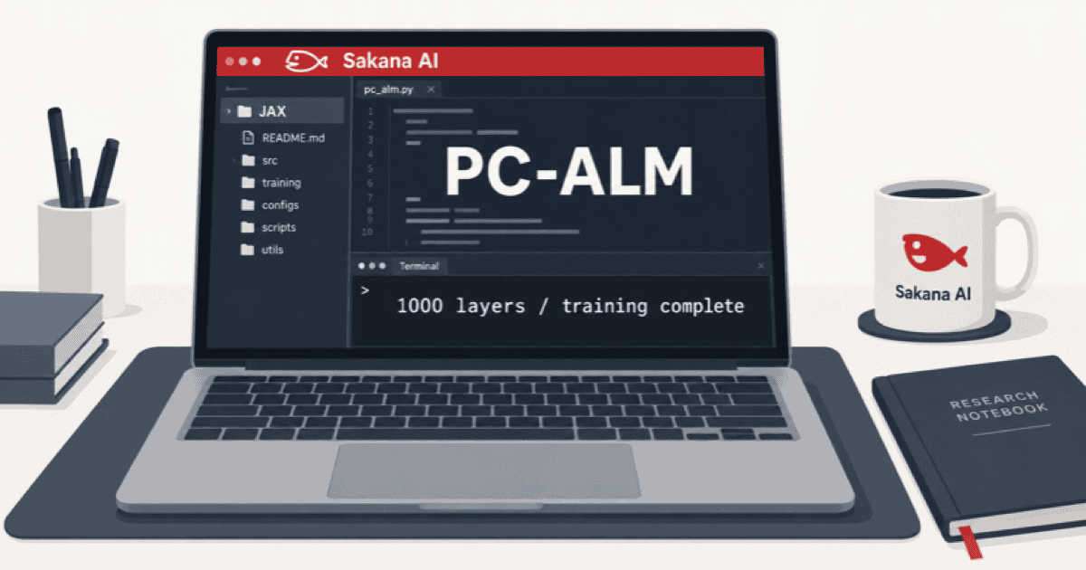 Sakana AIのロゴ入りノートPCに、新手法「PC-ALM」による1000層学習完了ログが表示されている研究デスクを描いた概念イメージイラスト