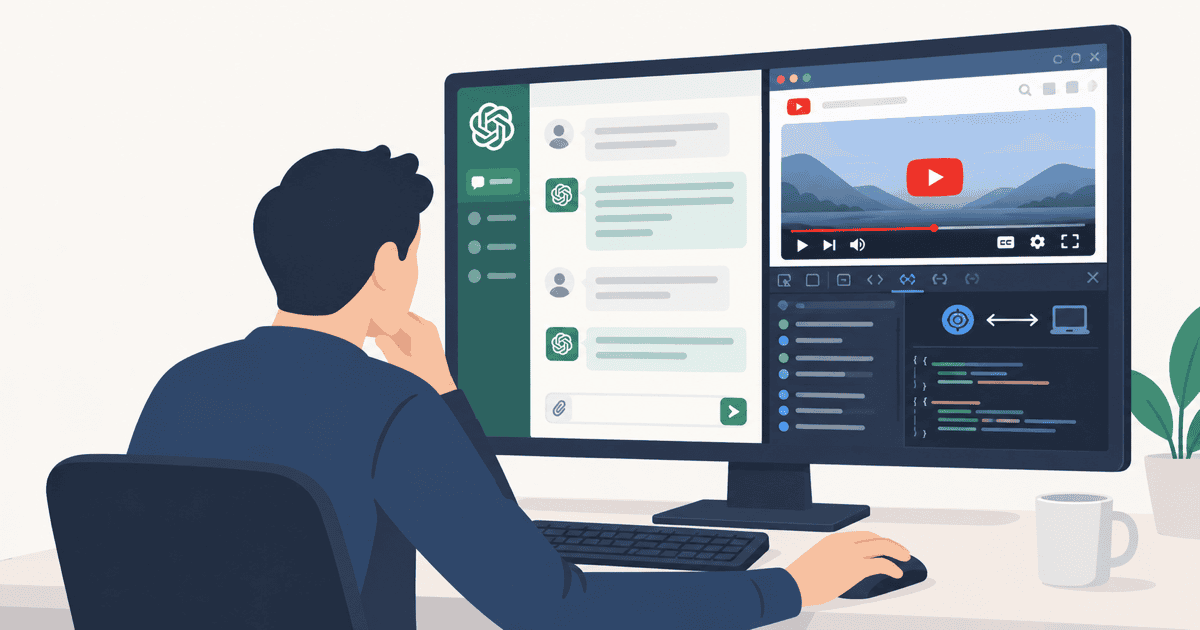 YouTubeの動画が20秒巻き戻る現象の調査において、ChatGPTとブラウザのデバッグ画面を並べてログ検証を行う開発者を描いた、AIデバッグを表現する概念イメージイラスト。