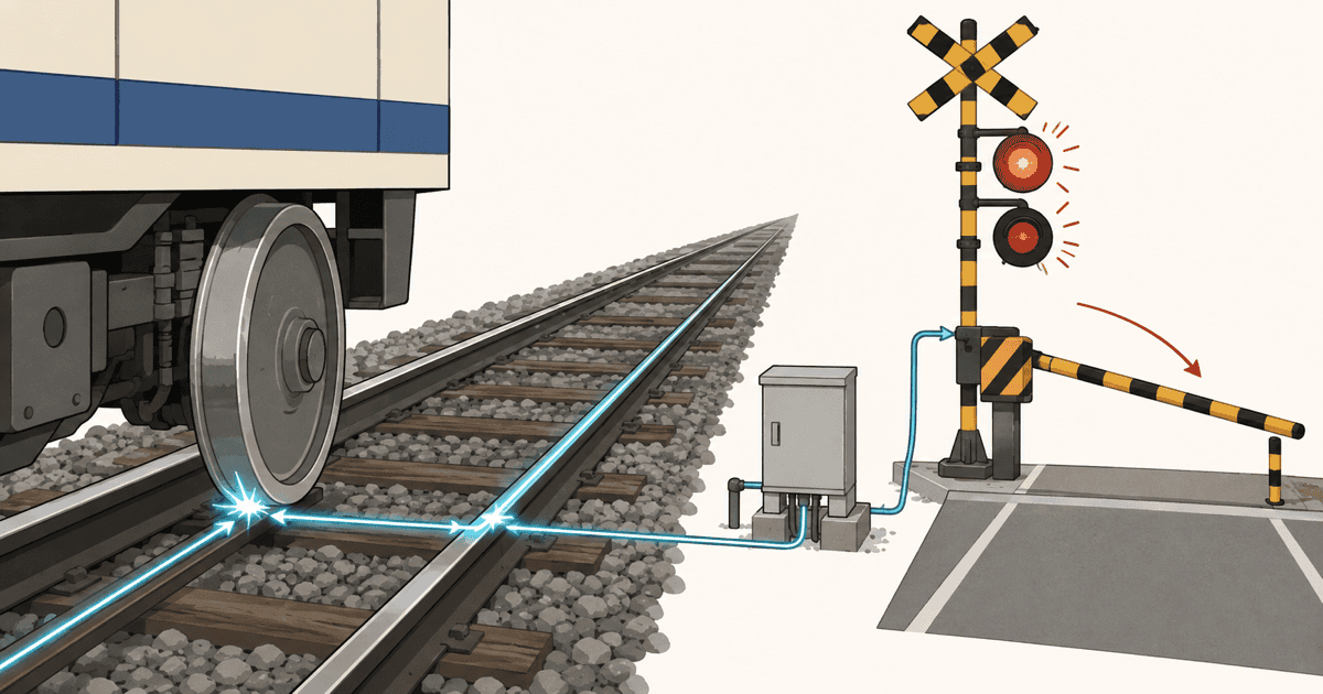 列車の車輪がレール間を電気的に短絡させ、踏切警報機や遮断かんを作動させる回路の仕組みを表現した概念図イメージ。