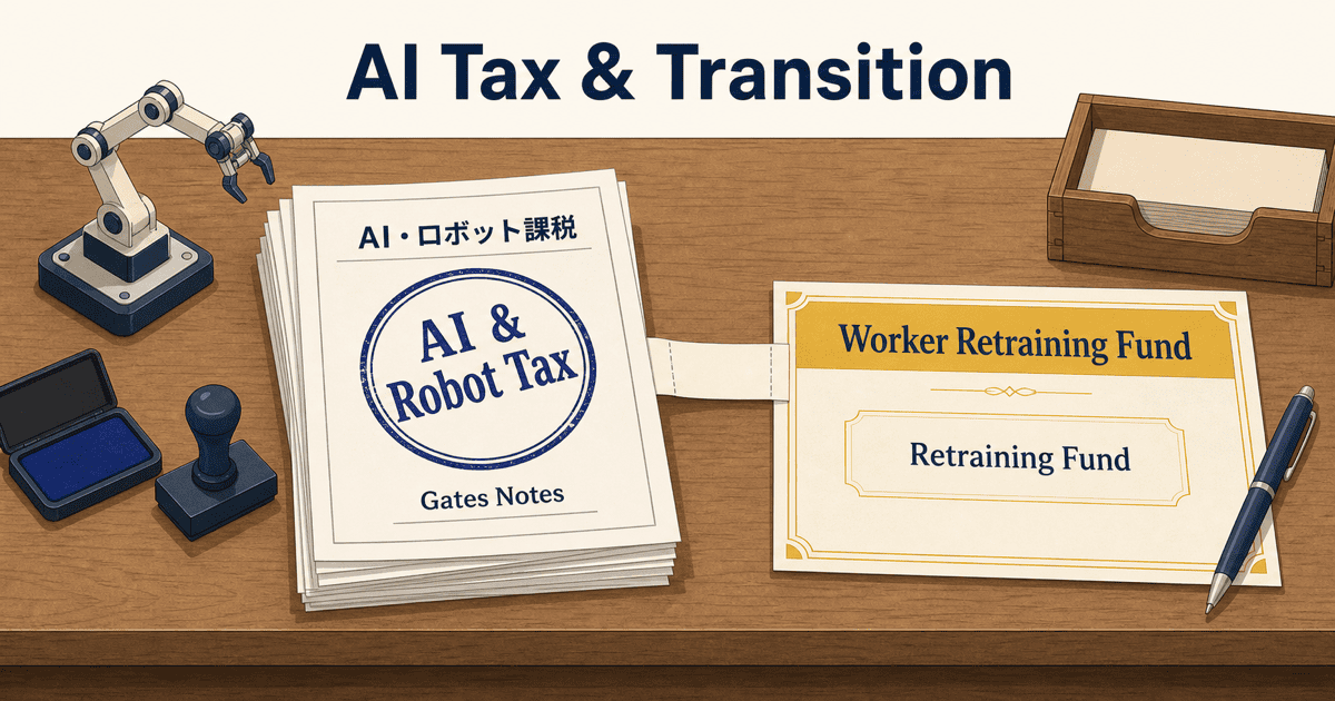 AI・ロボット課税の申請書類や労働者再訓練の支援証書が窓口デスクに並ぶ、AI普及への制度的対抗策や政策提言を表現した生成イラストイメージ