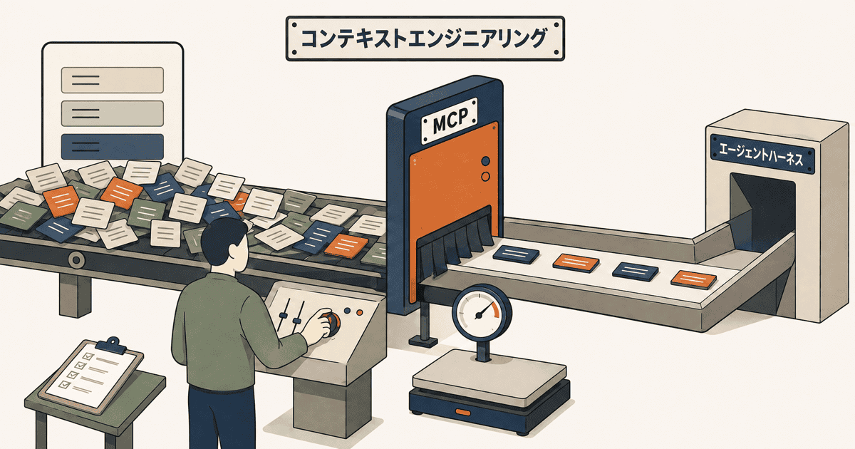 エージェントハーネスの選別ゲートでツール実行結果を絞り込み、最小限の入力トークンにしてモデルへ送る動的コンテキスト制御の仕組みを表現したAI生成の概念イメージイラスト。
