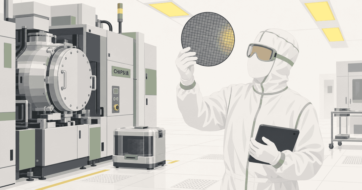米半導体産業の人材不足や工場新設を表現したイメージイラスト。クリーンルームで防塵服を着た技術者が、シリコンウェハーや製造装置を点検している様子を描いたAI生成の概念図。