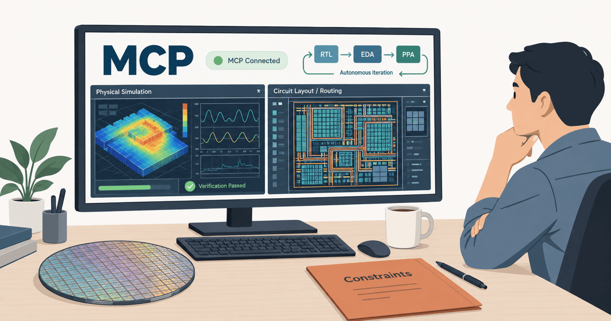 MCPを介してRTL設計と物理検証を自律実行するEDAツールのモニター画面や作業デスクを描き、対話型から自律反復へ進化するAI主導型半導体設計を表現した概念イメージイラスト。