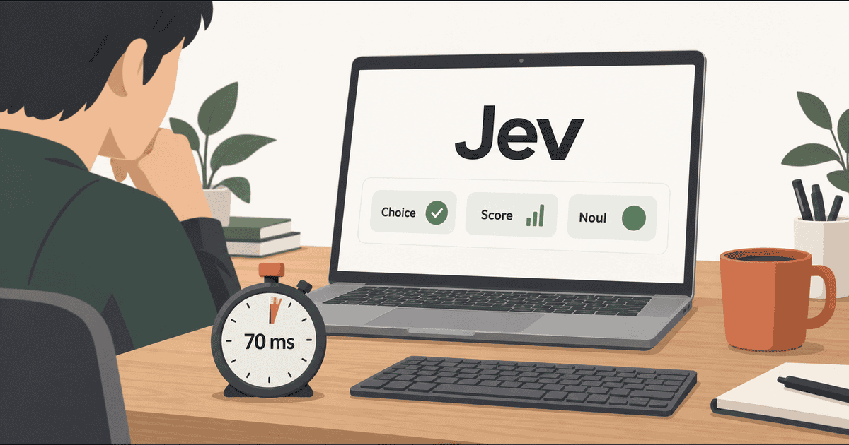 文章を書かず型付き判断を高速に返すAI「Jev」の出力結果を、ストップウォッチを手にした開発者がPCで確認し、その高速性を表現した概念イメージイラスト。