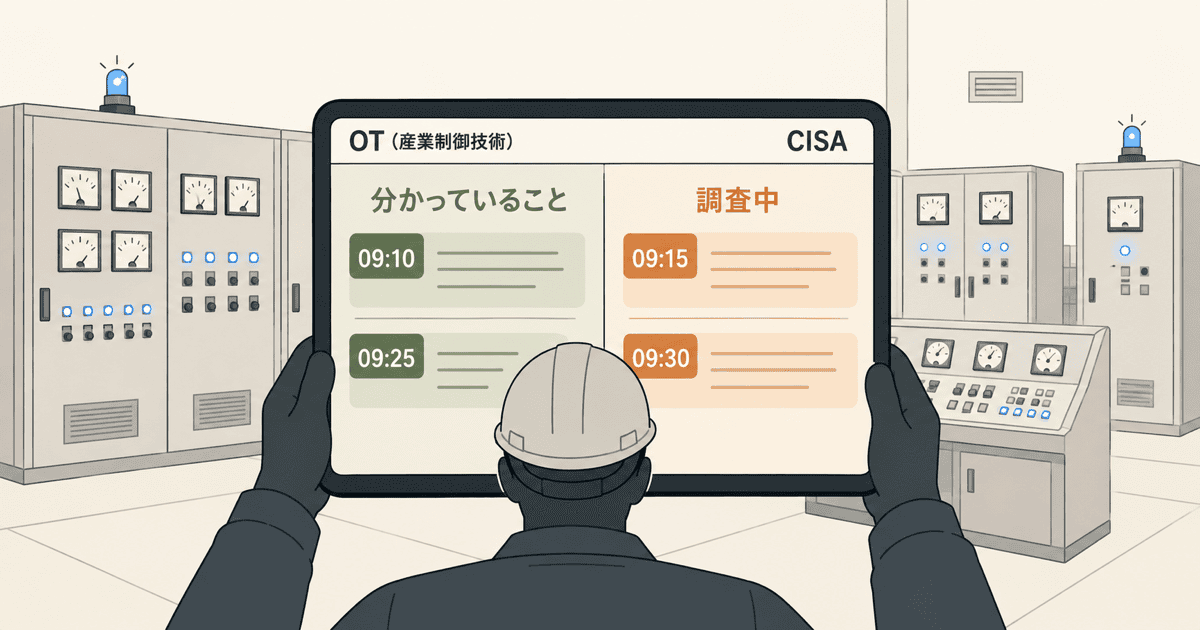 OT重要インフラの制御設備前で、既知と調査中の情報が明確に分かれた端末を確認する運用者を描いた、停止時の事実ベースな情報発信指針を表現するイメージイラスト。