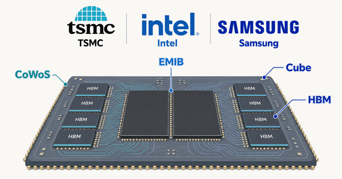 TSMC・Intel・Samsungのロゴと、大型ロジックダイやHBMが集積された先端2.5D半導体パッケージの構造を表現した、AI生成による概念イラスト。