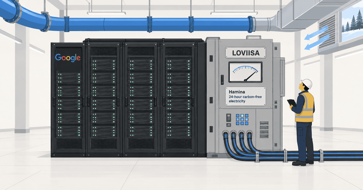 AI生成によるイメージイラスト。AIサーバーラックの傍らで、ロヴィーサ原発からの電力を受ける配電盤を点検する技術者を描いた、AI普及と原発延命による脱炭素戦略の概念図。