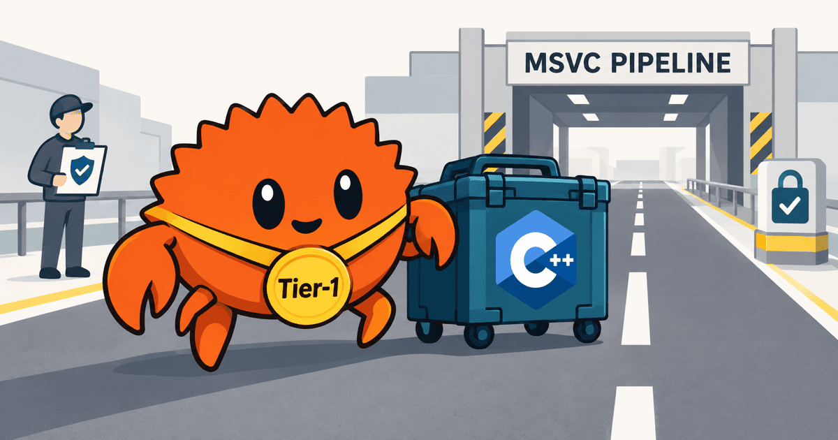 Tier-1タグを身につけたRustのFerrisとC++がMSVC共通基盤へ並んで進む姿を描き、MicrosoftにおけるRust昇格と既存C++資産との共存・基盤統合を表現したイメージイラスト。