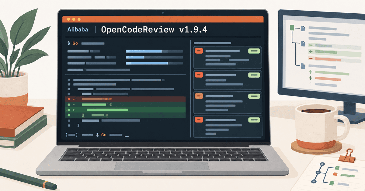 ノートPCのターミナル上でAlibabaのAIコードレビューCLI「OpenCodeReview」が差分コードの一次選別を行う様子を表現した、AI生成のイメージイラスト。