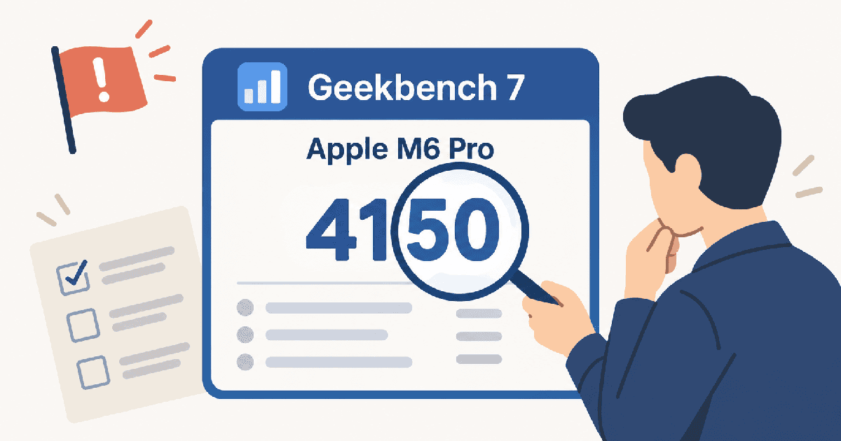 Geekbench 7で4150点を記録したApple M6 Proのスコアに不整合の疑いがあり、調査員が検証している様子を描いたイメージイラスト。
